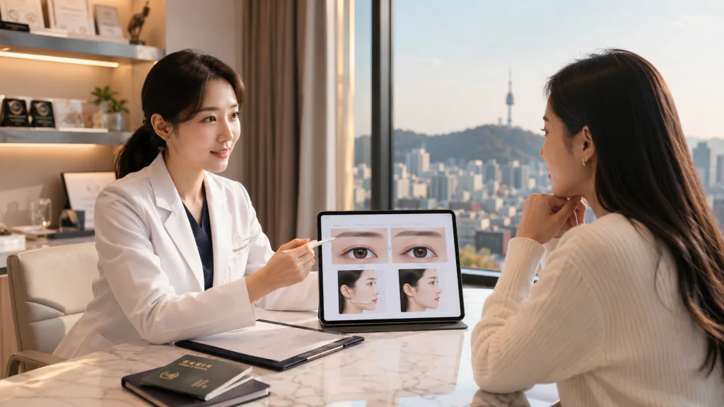 Consultant pointing at eye images on a tablet during a consultation