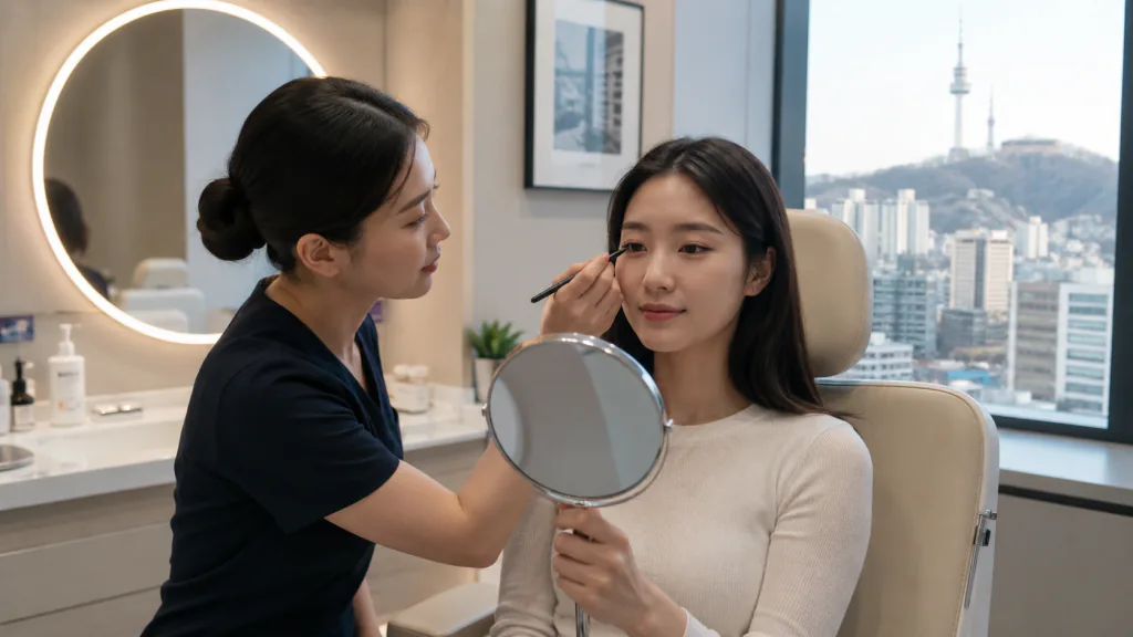 Staff member marking the upper eyelid while the woman holds a mirror