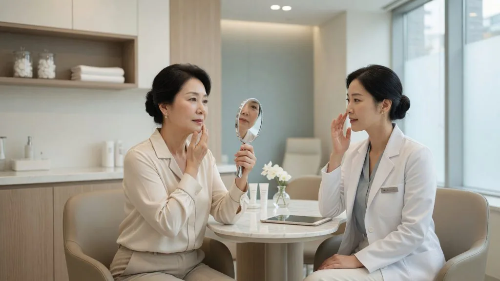 Mature woman with a mirror listening to a doctor