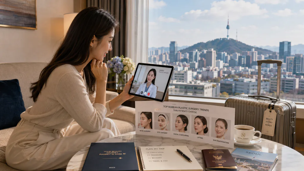 Woman on a video call in a hotel room overlooking Seoul