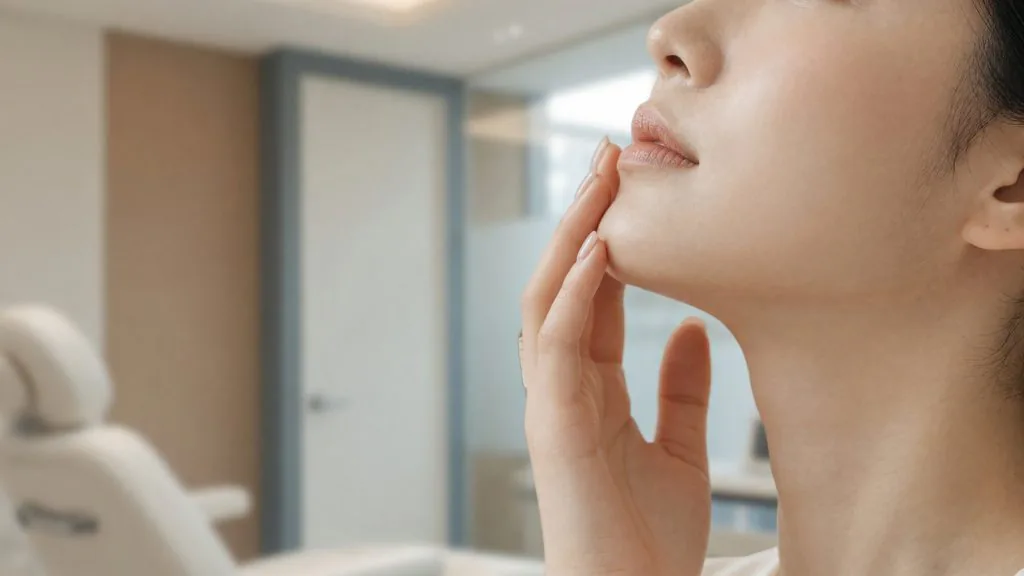 Close-up of a jawline and chin with a hand under the jaw