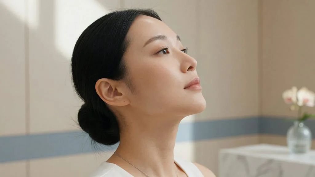 Side view of a raised chin showing the jawline and neck