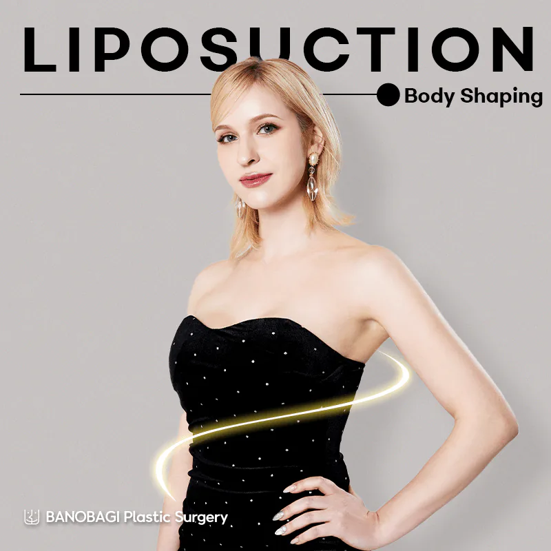 Model in a black strapless dress with a line drawn around the waist