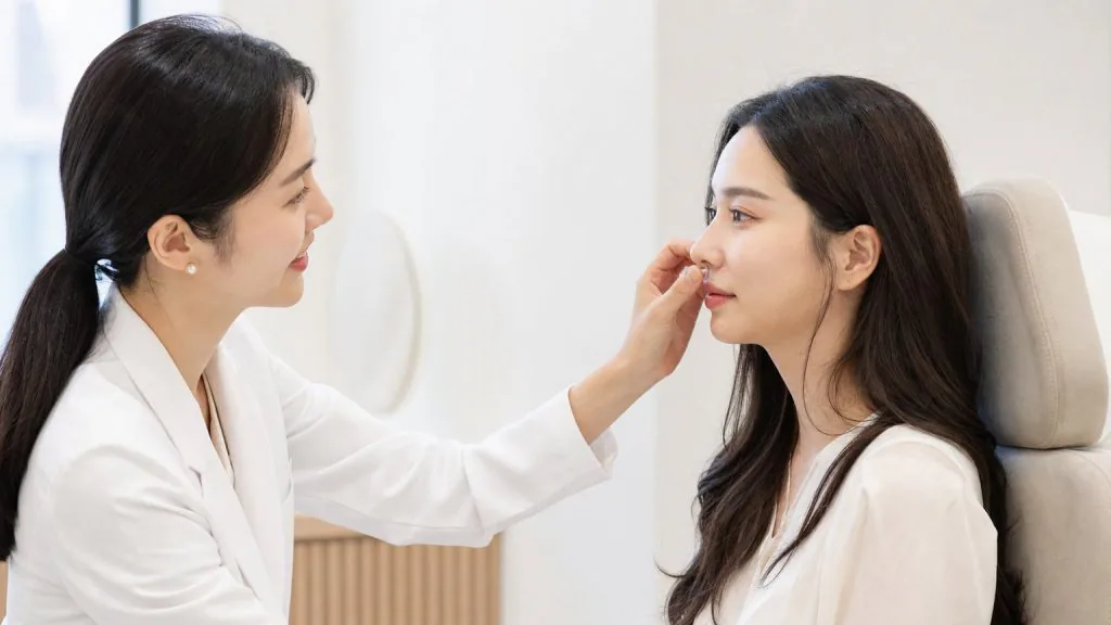 Clinician examining a woman's nose
