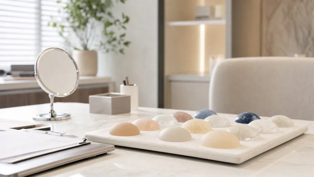 Tray of implant material samples on a consultation table