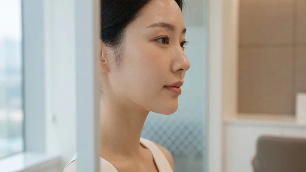 Close-up side profile of the nose, lips and chin