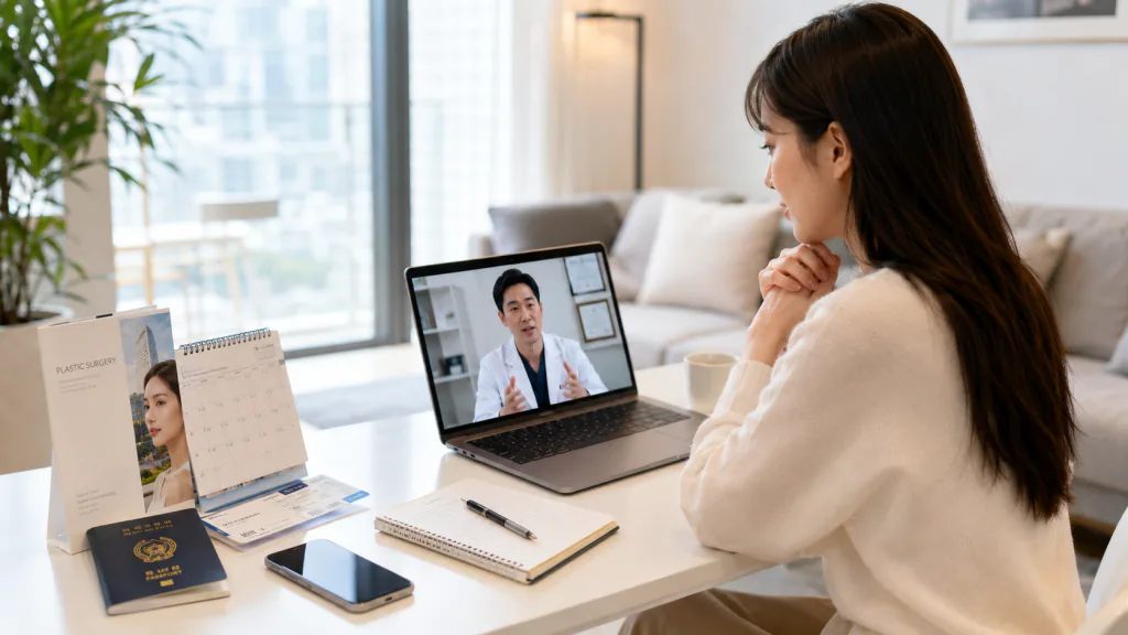 A woman on a video call with a doctor from home, with a passport on the desk
