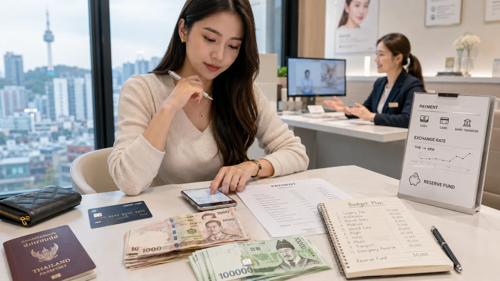 Woman taking notes at a desk with a passport, banknotes and a planner