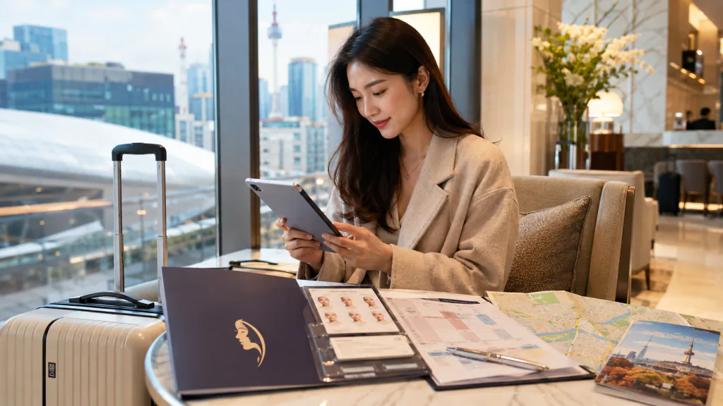 A woman with a suitcase reviewing travel documents beside a window over Seoul