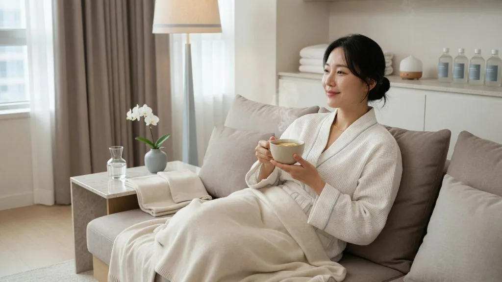 Woman in a bathrobe resting on a sofa with a cup