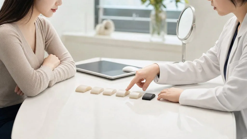Consultant arranging implant material samples on a table