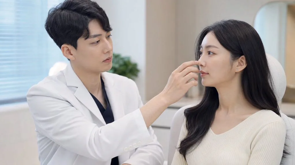 Doctor holding the side of a woman's nose during a consultation