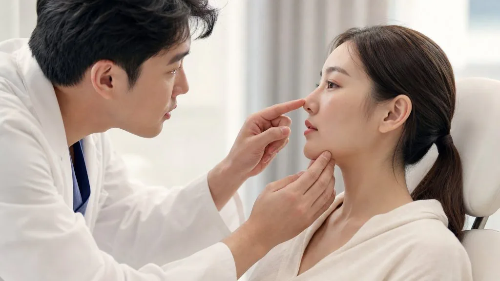 Doctor examining a woman's nose from the side