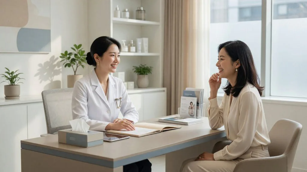 Doctor and patient talking at a desk in a consultation office